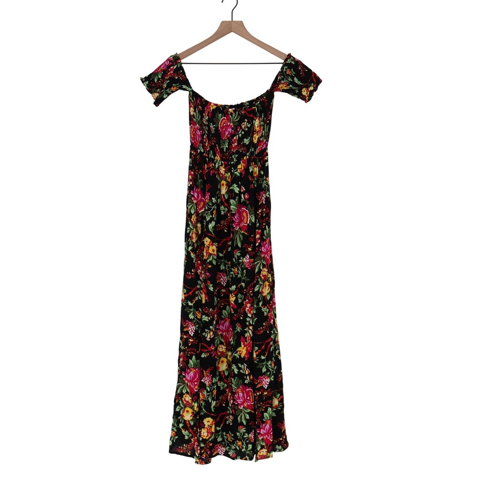 Rebellion Again Maxi Dress Womens M Floral Smocked Off The Shoulder Black NEW